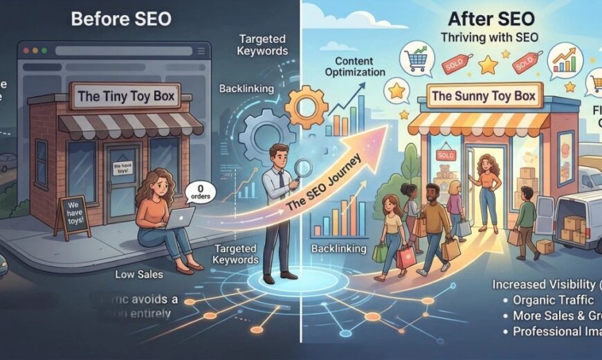 A comparison showing how seo for online stores transforms an invisible shop into a thriving business with a proper seo strategy in 2026 and professional seo for ecommerce