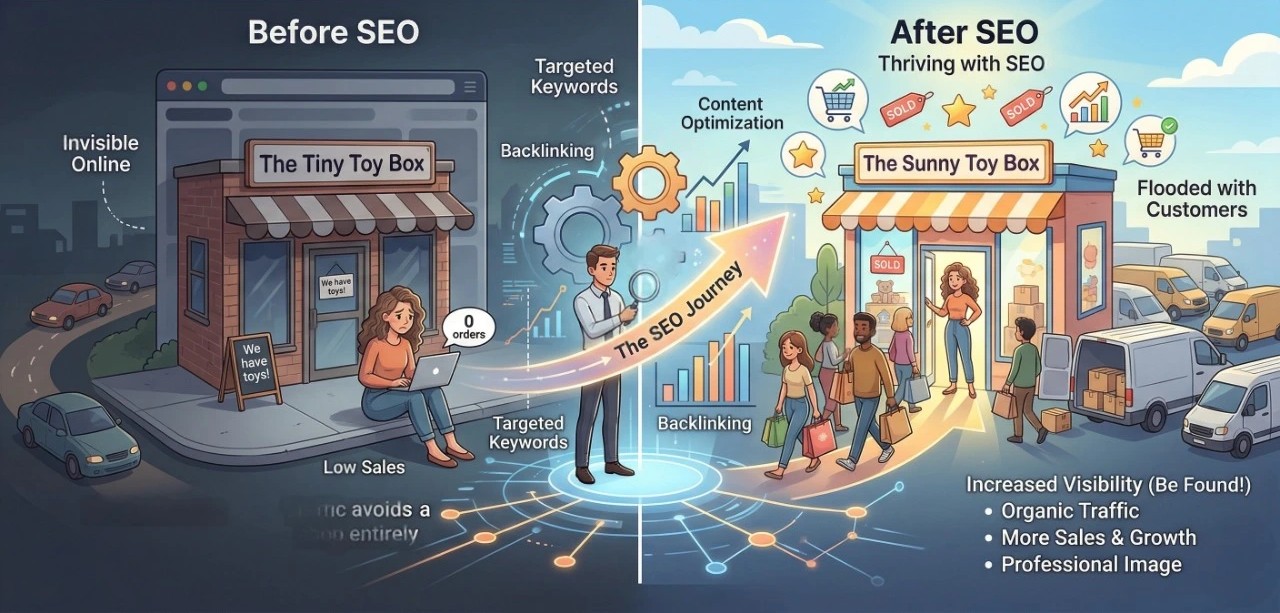 A comparison showing how seo for online stores transforms an invisible shop into a thriving business with a proper seo strategy in 2026 and professional seo for ecommerce